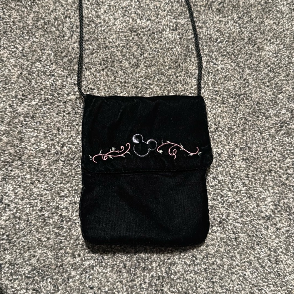 Black, velvet Disney crossbody bag.